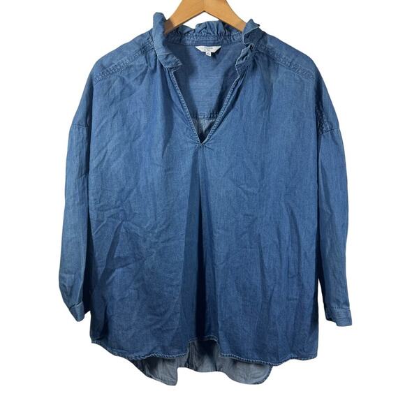 Crown & Ivy Top Women L Blue 100% Cotton Chambray Blouse Peasant Cottage Spring - Picture 1 of 7